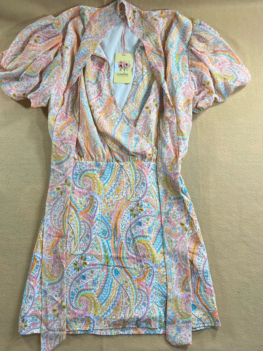 entro Pastel Paisley Wrap Mini Dress in Pink, Blue & Yellow